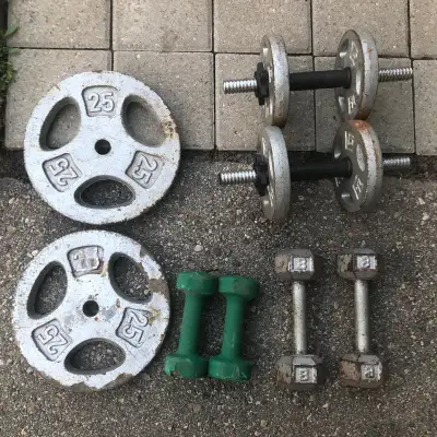 Weightlifting barbell and weights for sale, View more