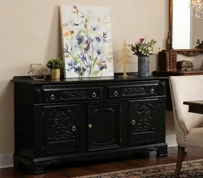 Vintage Solid Oak Carved Sideboard Black & Gold, View more