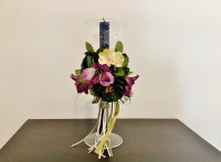 Vase-déco, arrangement floral  et chandelle. Hauteur 10.5" .