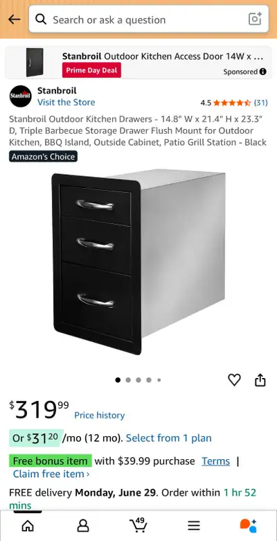 Outdoor Kitchen Drawers 14.8x21.4x23.3" Triple BBQ Storage Drawe, View more