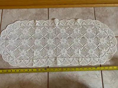 A Vintage Cotton, handmade doily for sale. White crochet cotton. Oval ended. Approx. 30”Lx12” W. Kep...