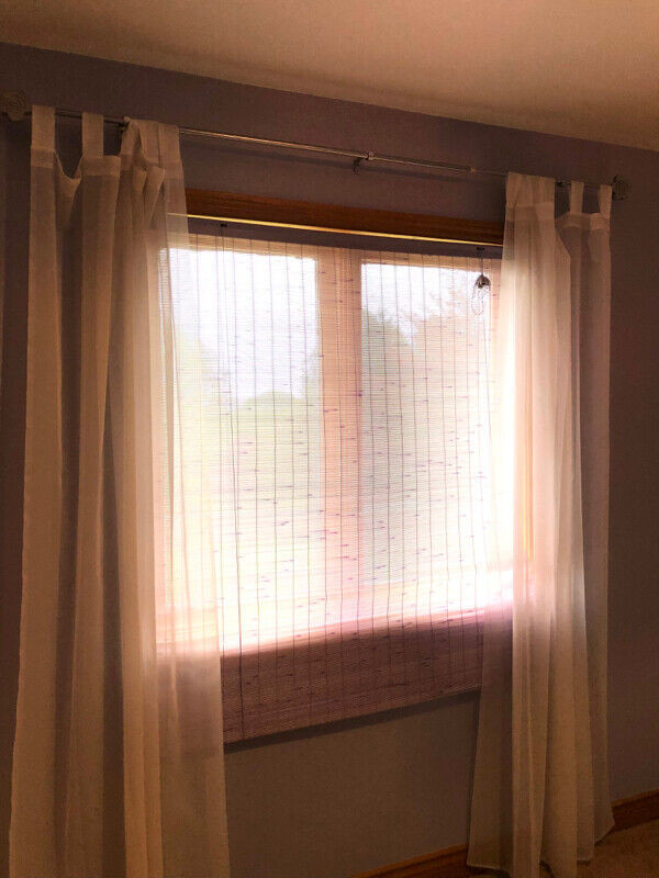 Purple roller shades, sheer white curtains, curtain rod in Other in Cambridge - Image 2