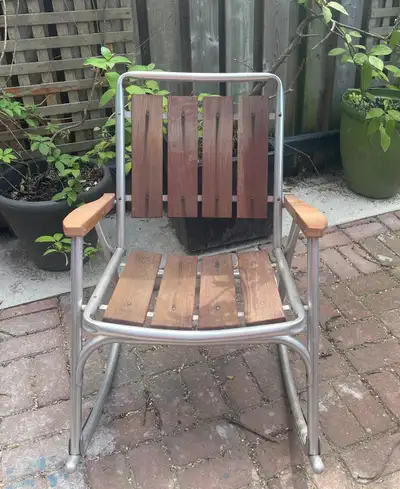 Mid-century aluminum slat redwood folding rocking chair, View more