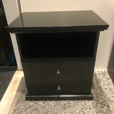 1 Black wood nightstand with open shelf and drawer, View more