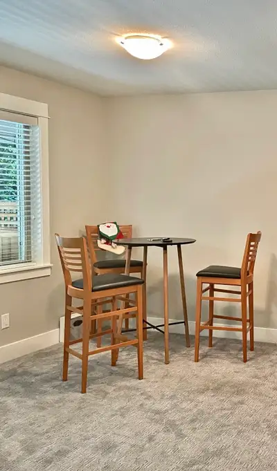 Modern High-Top Bar Table Set with 3 solid woodStools - Like New, View more