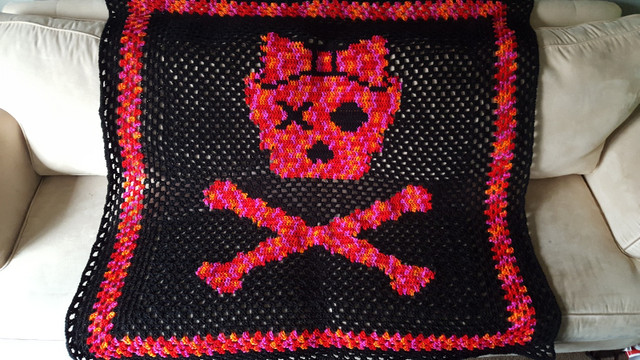 Skull and Crossbones; Crochet Blanket; Black; Red; Pink; Orange in Home Décor & Accents in North Bay