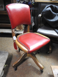 vintage oak armless swivel chair (Krug) with new red leather