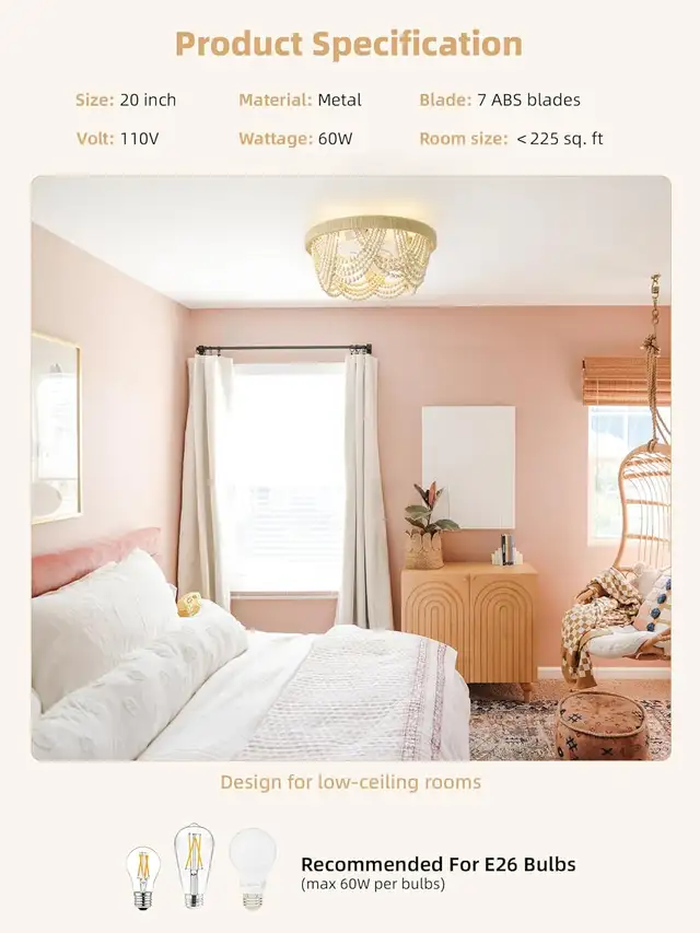 Boho Beaded Ceiling Fan with Light & Remote Control – 20 Inch Fl in Indoor Lighting & Fans in Mississauga / Peel Region - Image 6