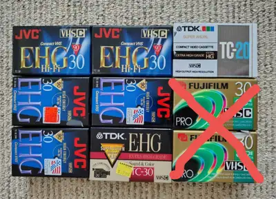Assorted VHS compact video cassettes. Sealed. New old stock. 15 each or 75 for all 7