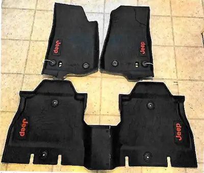 Jeep Mats: black with red “Jeep” on each. For 4-door Wrangler model years 2018 to 2024. There are (2...