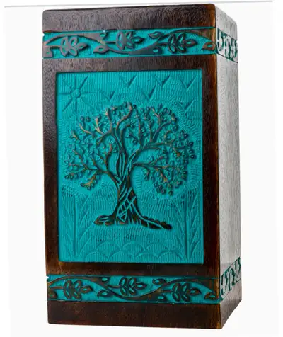 Medium Teal Wooden Urn – Tree of Life Engraved on front., View more