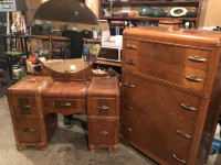 Antique Wood Vanity Dresser & Matching Highboy