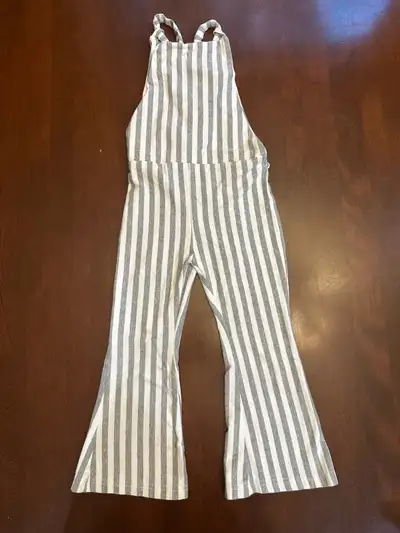 Size 3T-4T Girl’s gray and white striped overalls, View more