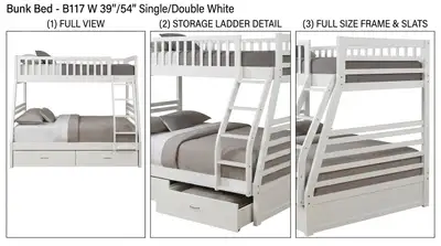 Bunk Bed - B117 W 39"/54" Single/Double White, View more
