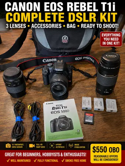 Canon EOS Rebel T1i DSLR Kit + 3 Lenses + Bag, View more