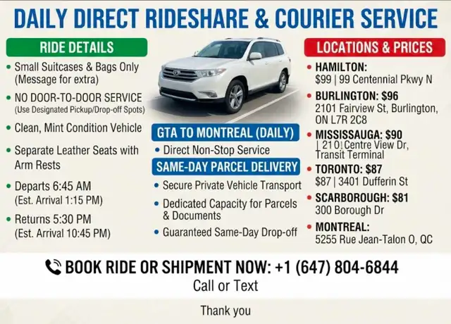 GTA→MTL DAILY RIDE/COURIER