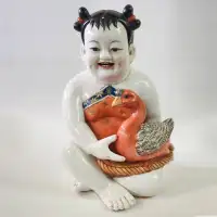 Mid Century Chinese Porcelain Figurine - Girl w Gosling
