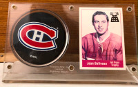 Jean Beliveau Art Ross Hockey Card & Canadien Puck in Display.