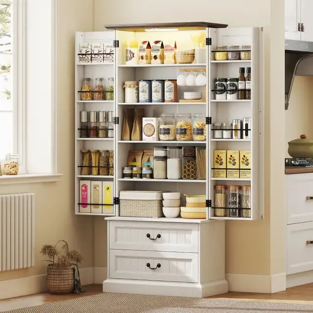 2 drawers 72" LED Kitchen Pantry, Buffet Storage Cabinet  in Bookcases & Shelving Units in Markham / York Region - Image 6