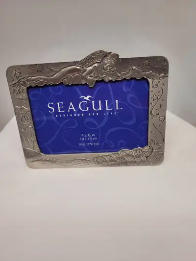 VTG Seagull Pewter Picture Frame 4” x 6” Handcrafted in Pugwash NS Guardian angel watching over slee...