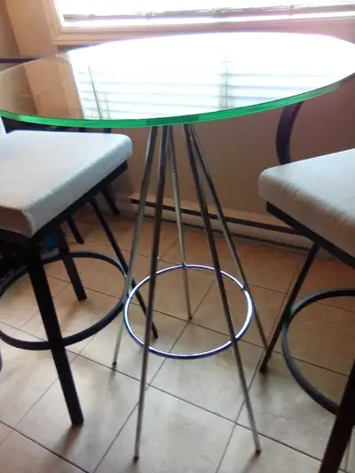 LOVELY GLASS TABLE SET WITH 2 HIGHTOP SHIVEL STOOLS, View more