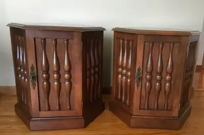 Two (2) Hexagon solid wood end table Walnut Storage space H 22.5” W of the hexagon points 23”