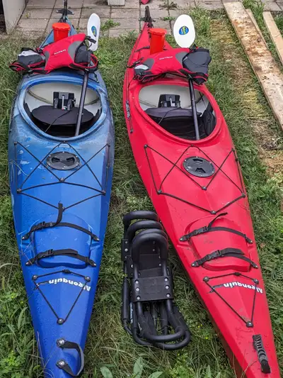 2 CLEARWATER DESIGN ALGONQUIN KAYAKS INCLUDING CARRIER RACKS, VESTS, AND PADDLES. COMPLETE PACKAGE F...