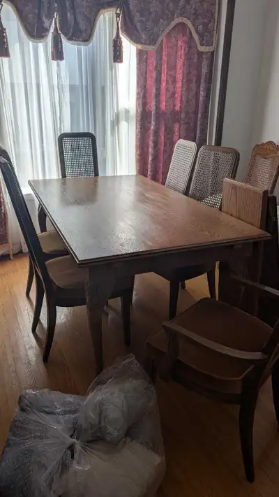 Solid oak dining room set with 8 chairs, wall unit and hutch, View more