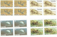 4 timbres neufs carrés du Canada "Animaux" des années 1970s.