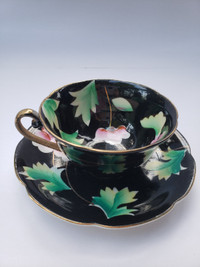 Vintage Black Floral Tea Cup & Saucer - Made in Japan