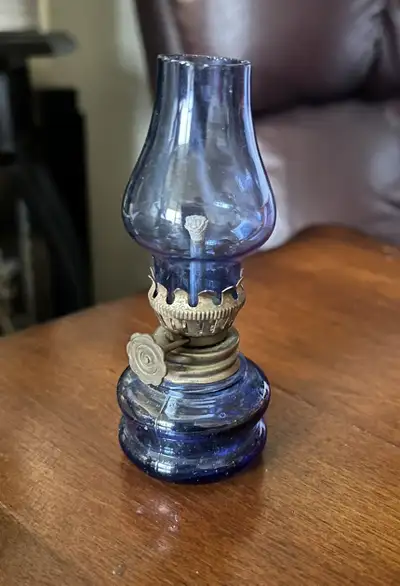 Vintage Miniature Blue Glass Oil Lamp, View more