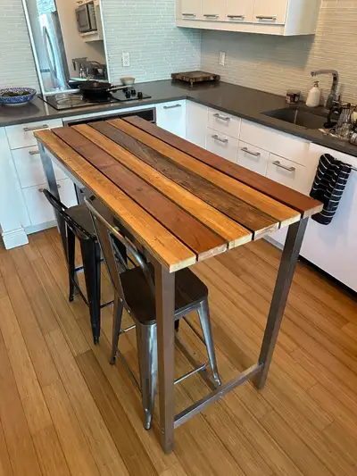 MODERN TEAK OAK SS STEEL BAR HEIGHT KITCHEN ISLAND TABLE, View more
