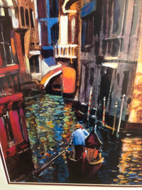 Large Vintage Framed Italy Venice Gondola Colourful Scene Art 