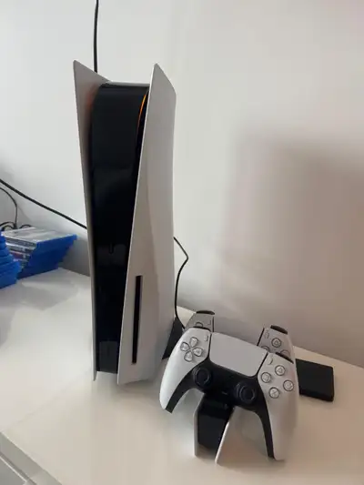 PlayStation 5 (Disc Version) 3 PS5 Controllers 2 white (hold charge but battery drains faster than n...