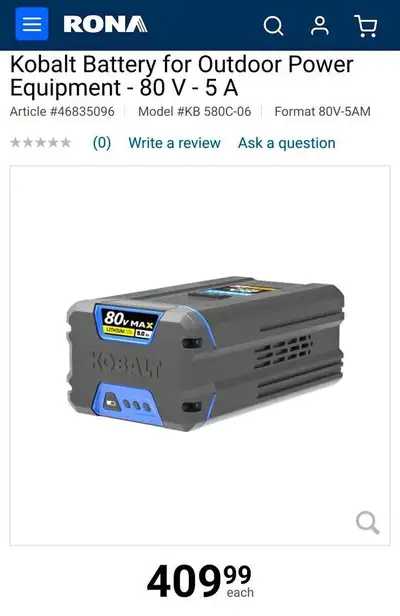 NEUF! Batterie 80V Kobalt 5AH - Tondeuse, souffleuse, etc., View more