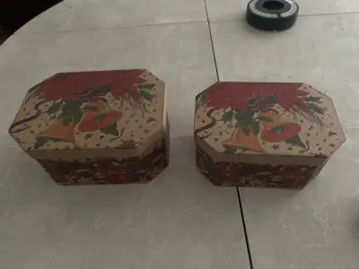 Retro Christmas gift boxes, good condition. Sold as set. Smaller box 5.10 inches by 7.5 x 3.5. Large...