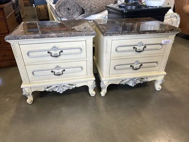 SET OF NIGHT STANDS - 2 DR. - ORNATE - MARBLE TOPS - ANTIQUE