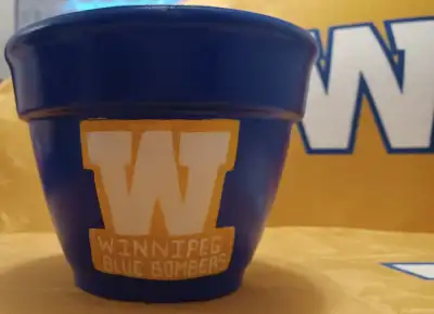 Winnipeg Blue Bombers Hand painted large 8 inch clay Flower Pot, yard garden patio porch decor. Pot...