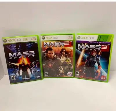 XBOX 360 video games Mass Effect, Mass Effect 2 and Mass Effect 3. All come with their case. 1 and 2...