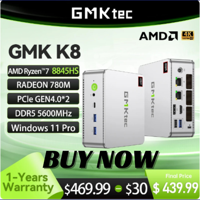 GMKtec K8 AMD R7-8845HS Mini PC Design of dual fan system Window in Desktop Computers in Hope / Kent