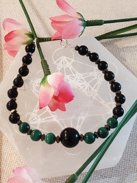 Handmade bracelet with black Obsidianand Malachite 