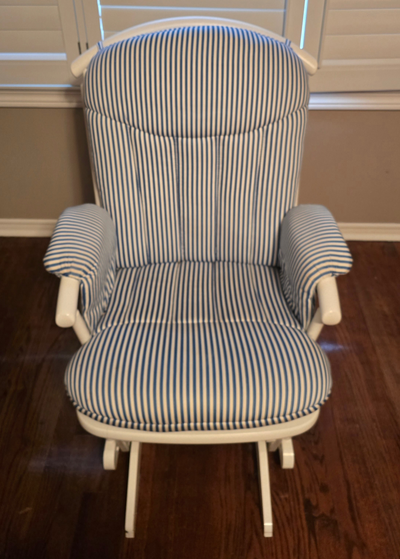 White Wooden Glider Chair with Blue Striped Cushions, View more