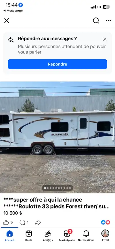 Roulotte de 33 pieds de 2340 kilo. Pouvant coucher 10 personnes. Chambre à l’avant,sofa,table et 4 b...