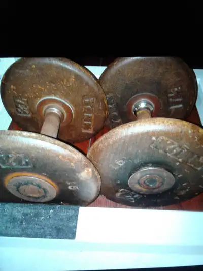Pair of welded metal dumbbells (15 pounds each) $30 total ***, View more