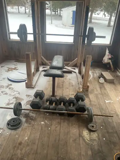 Includes; Bench Home made squat rack 4-45 lbs 4- 10 lbs 2- 5 lbs Barbel 2- 25 lbs 4- 10 lbs 2- 5 lbs...
