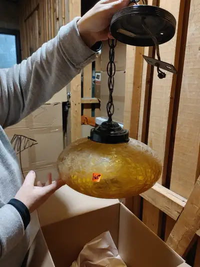vintage Mid-Century Modern amber crackle glass swag pendant lamp, View more