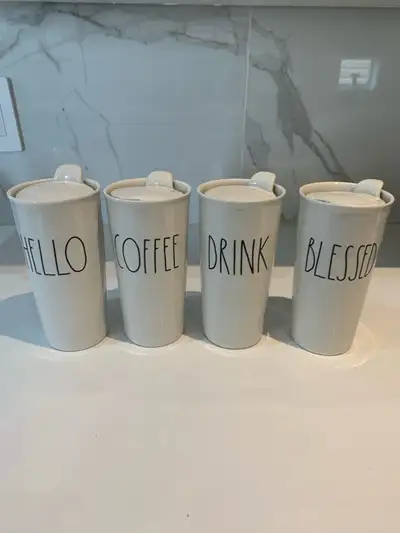 4 tall Rae Dunn Artesian Collection mugs with lids, View more