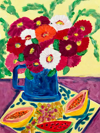 Still Life with Cosmos Flowers and Fruits Acrylic Painting