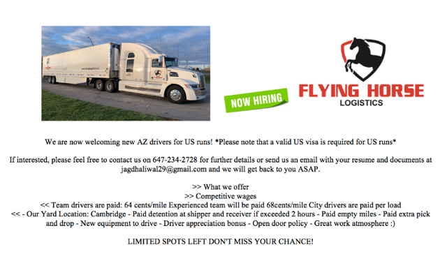LIMITED OFFER - HIRING TRUCK DRIVERS FOR US RUN! in Drivers & Security in Cambridge