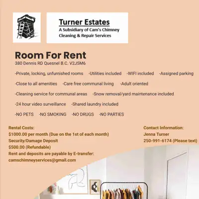 Clean quiet convenient living for working class people in Quesnel BC